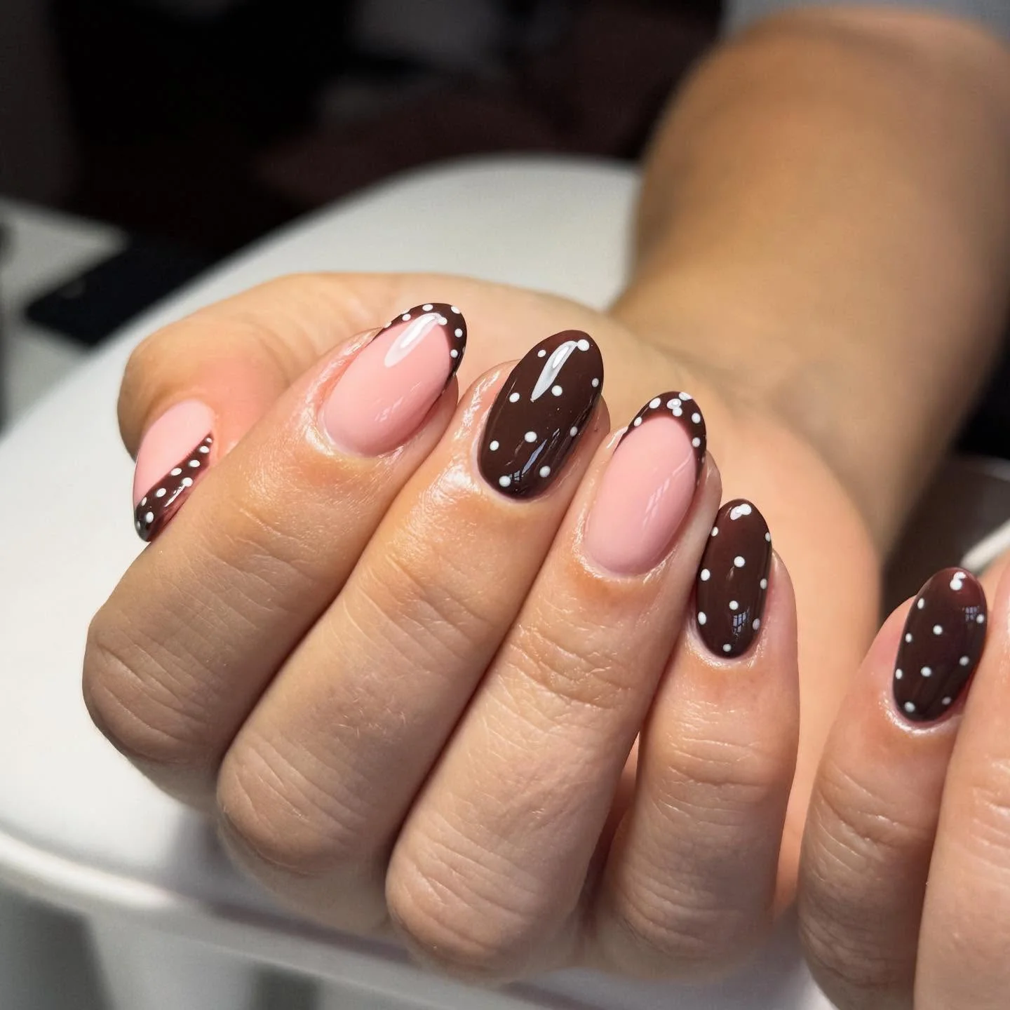 fall short almond nails 2026 Chocolate Polka Dot French Nails With A Playful Twist