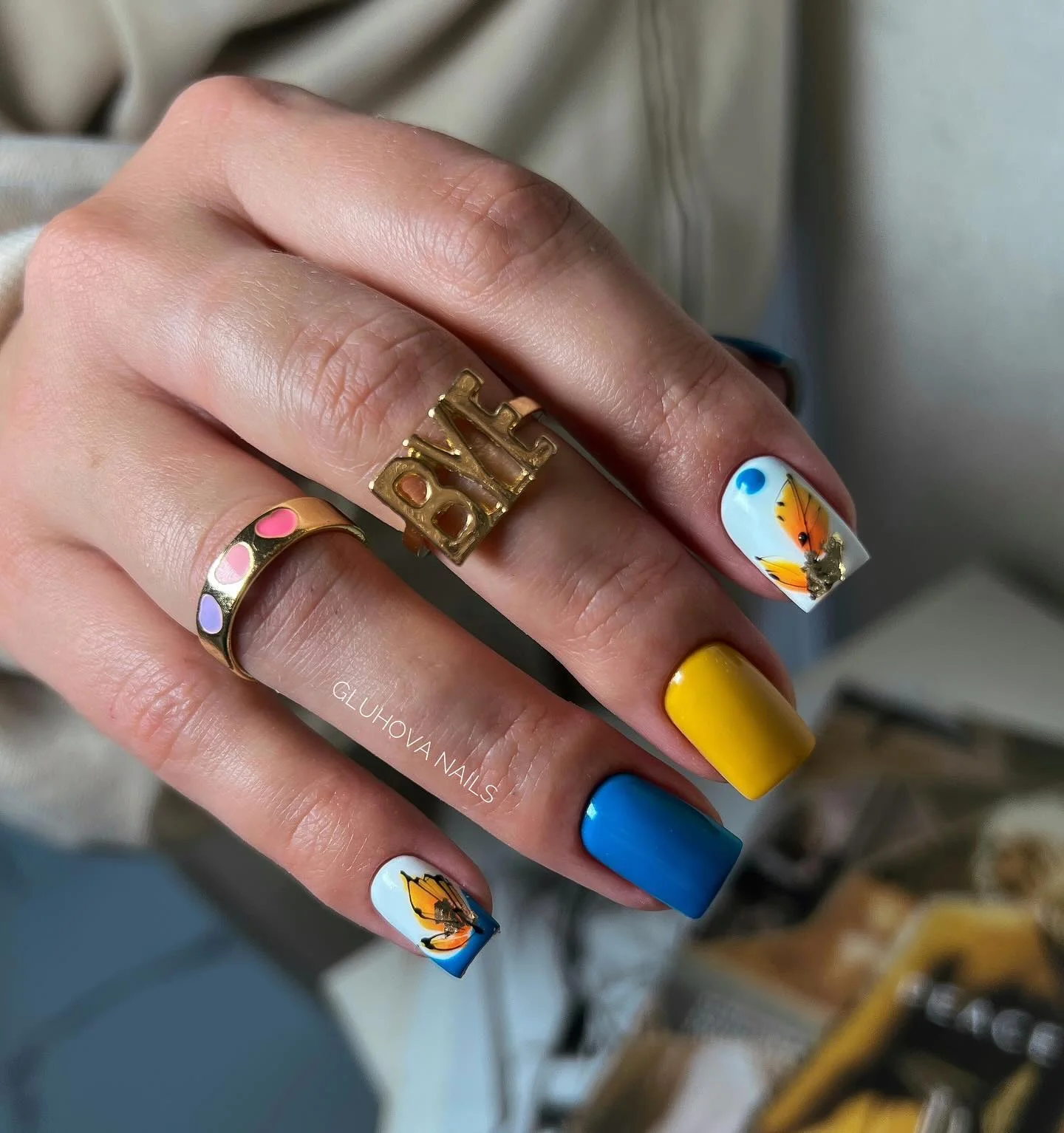 fall square nails 2026 Mustard Cobalt And Butterfly Accents