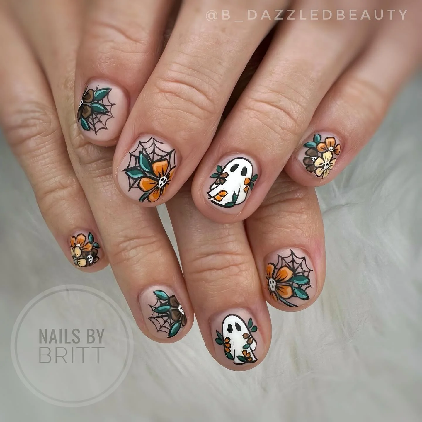 halloween nail art 2026 Mini Ghosts And Autumn Florals On Short Nails