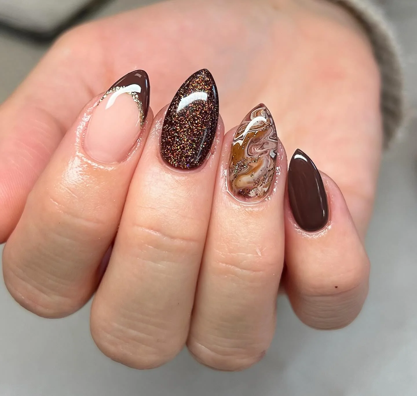 dark fall nails 2026 Espresso Marble Glam With Subtle Sparkle