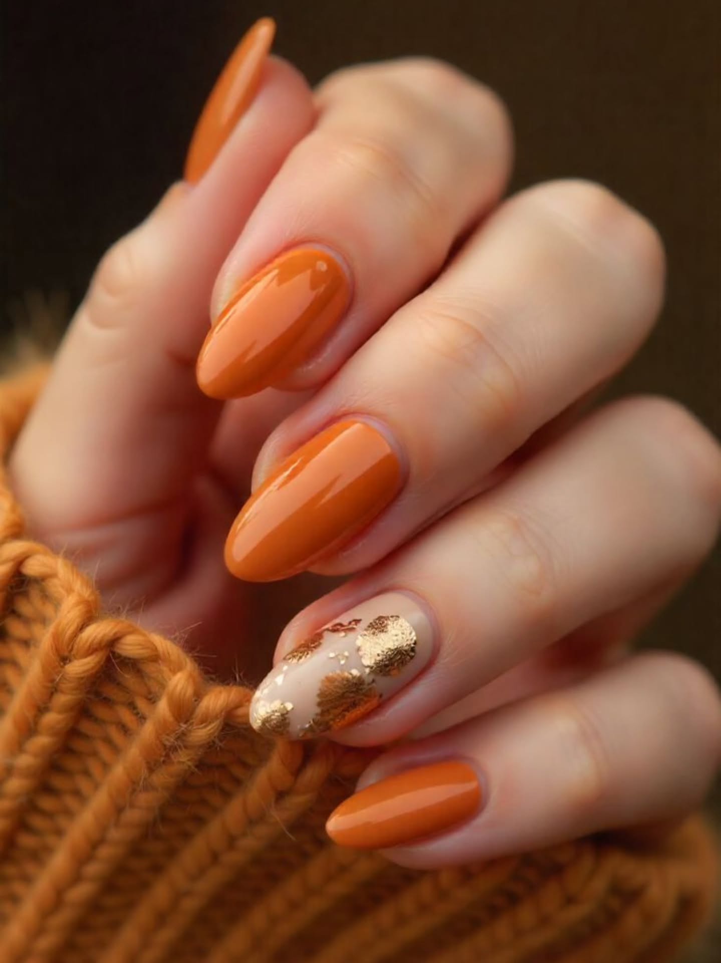 fall accent nail designs 2026 Vibrant Pumpkin Orange With A Gold Leaf Accent