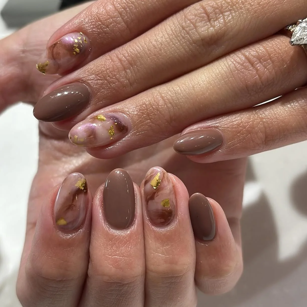 fall nail designs for office 2026 Mocha Marble Nails With Gold Foil Elegance