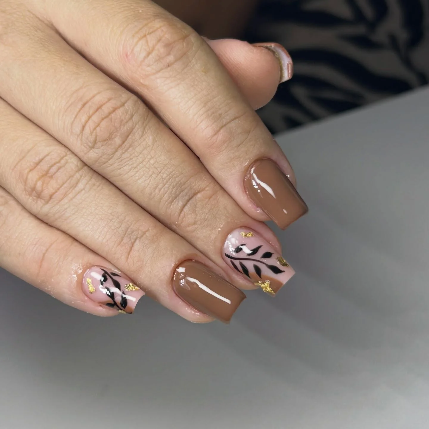 fall nail designs square shape 2026 Mocha Botanical Nails With Gold Foil Details