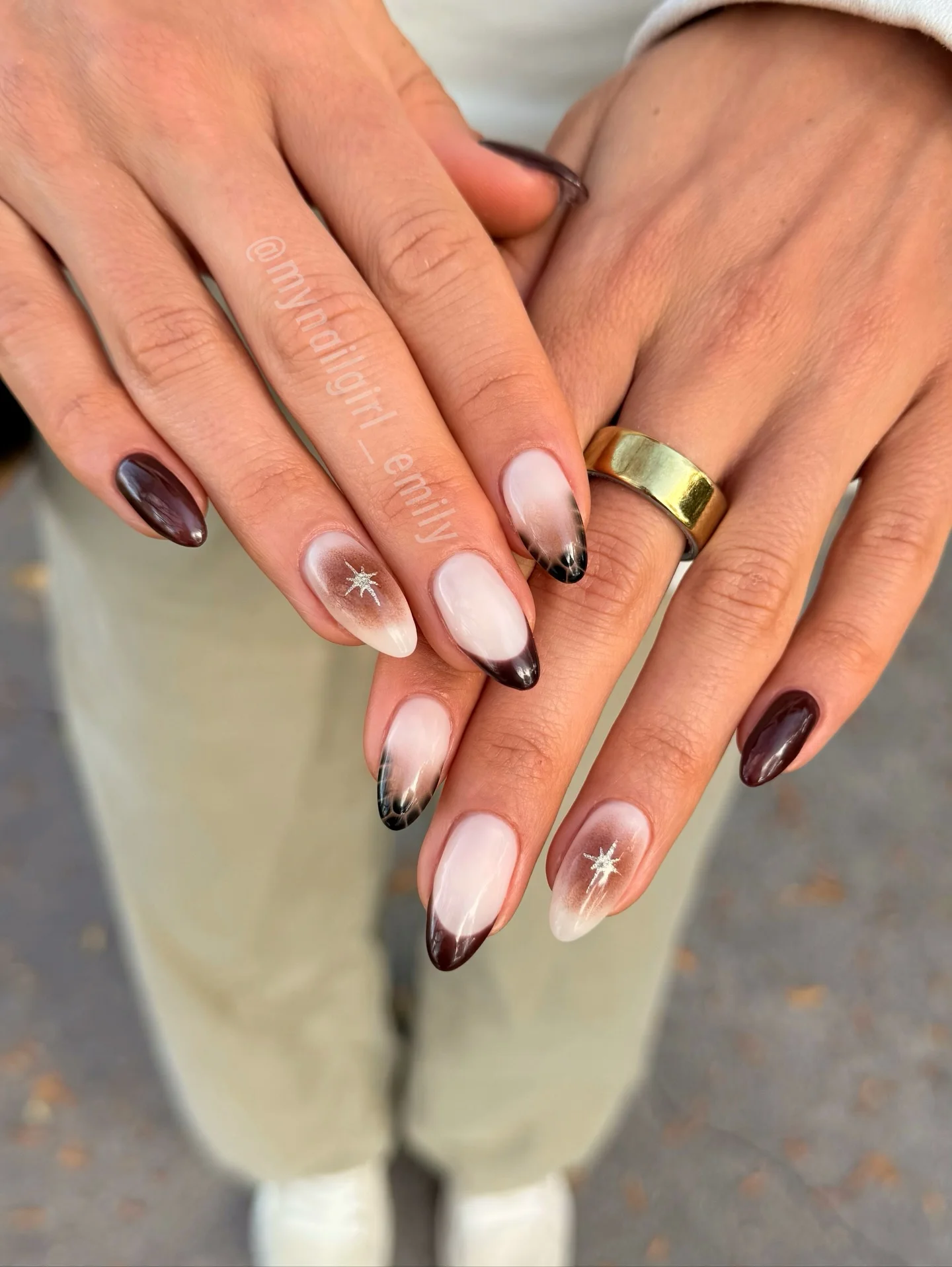 fall nails for medium skin tone Sheer Brown French Tips With Starry Accents
