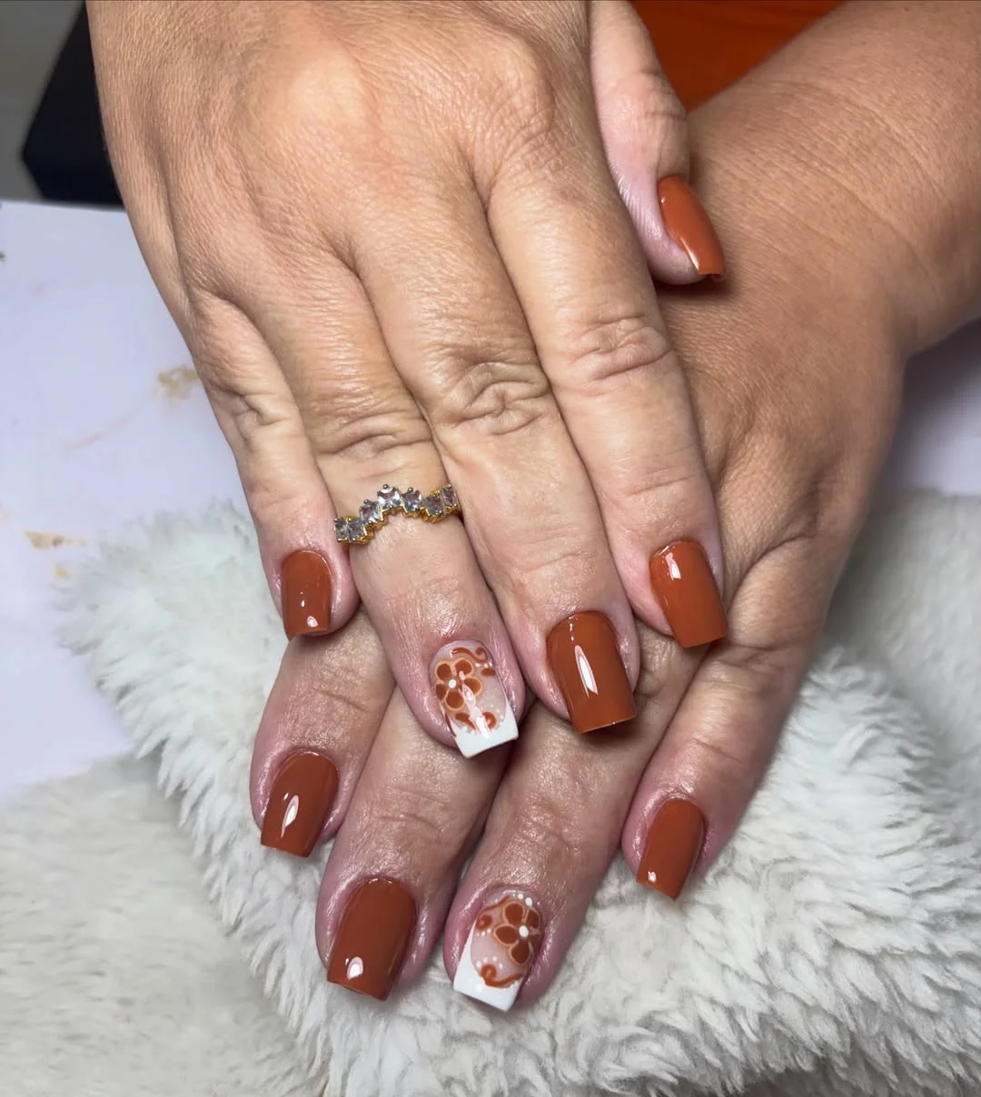 fall nails with accent nail Burnt Orange Nails With A Retro Floral Accent