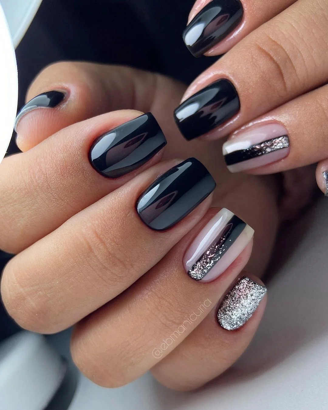 fall square nails 2026 Glossy Black And Silver Glitter French Details