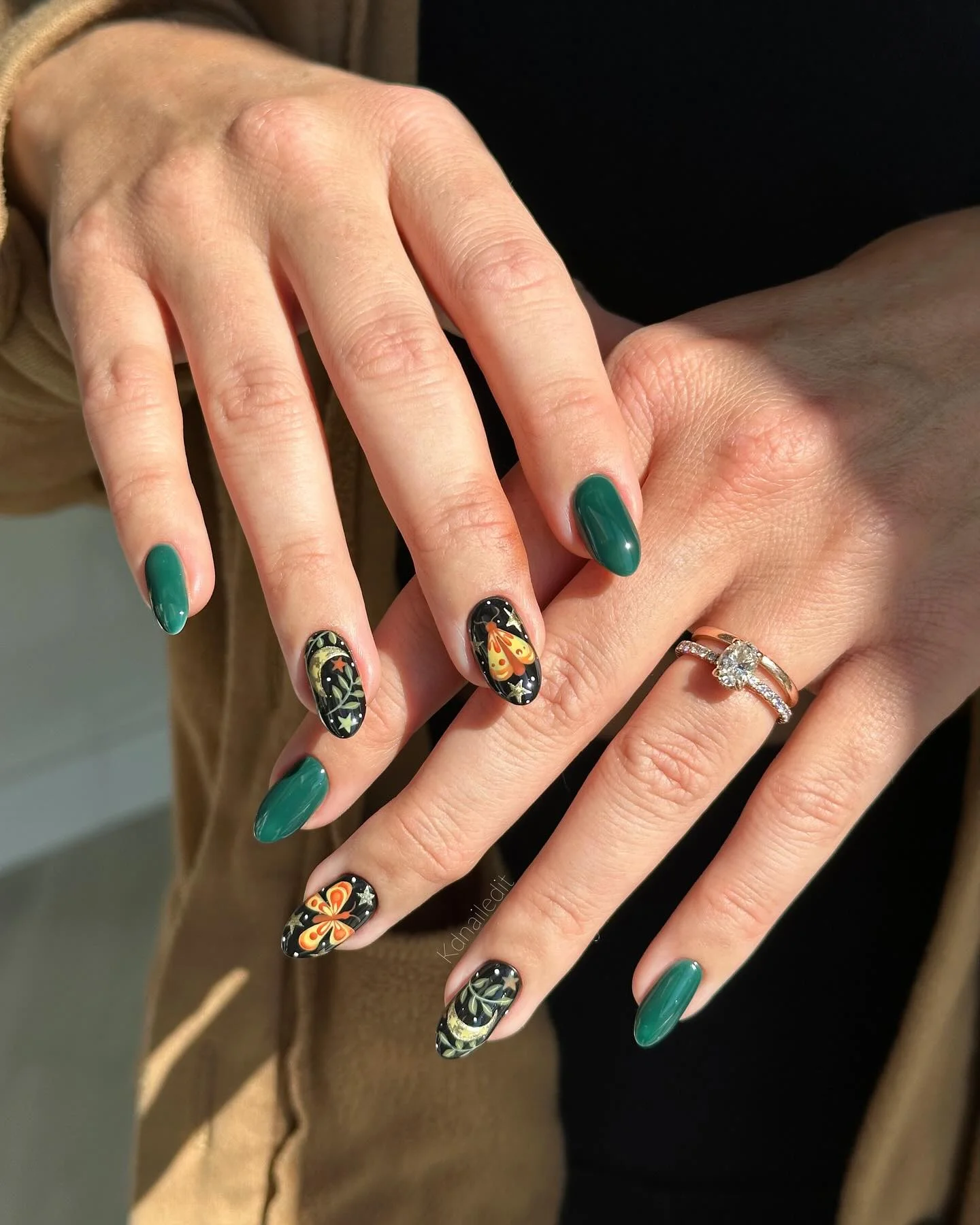 dark fall nails 2026 Deep Forest Green Botanical Nail Art