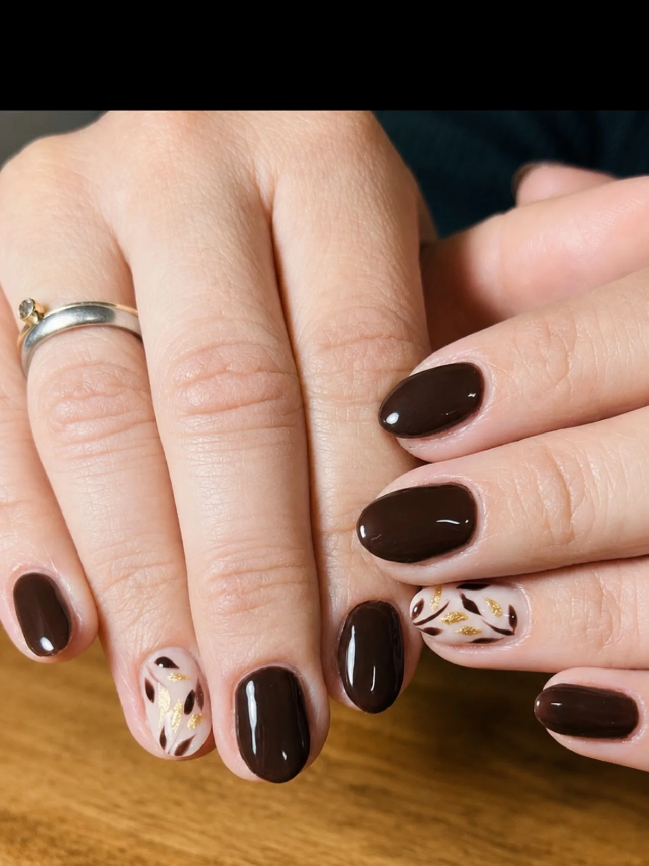 fall accent nail designs 2026 Espresso Brown With Minimal Gold Botanical Details