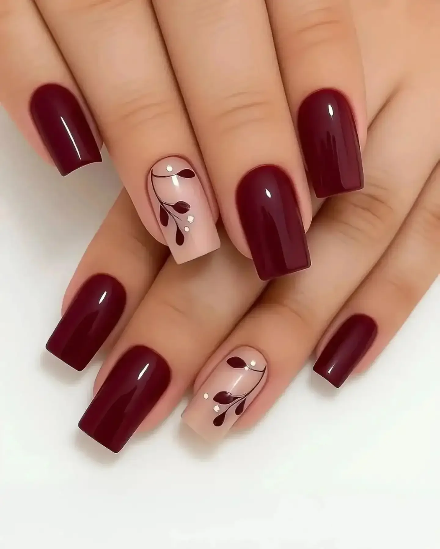 fall burgundy nails with design Deep Burgundy Square Nails With Delicate Botanical Details