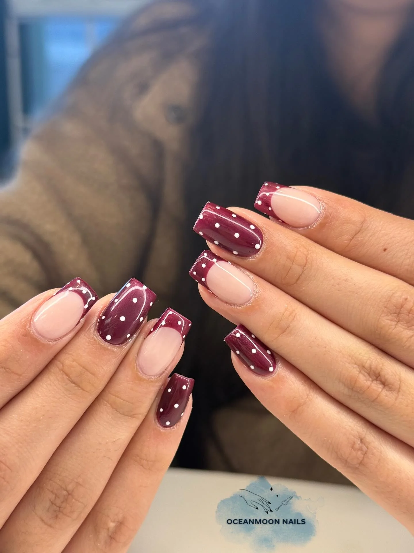 fall gel nails ideas 2026 Deep Burgundy Polka Dot Nails With Retro Charm