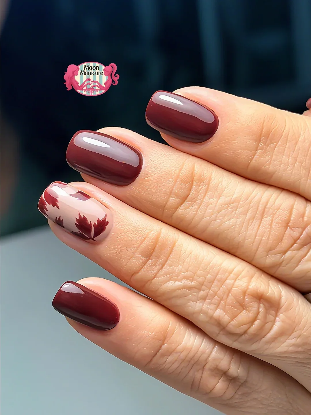 fall nail designs square shape 2026 Glossy Burgundy Nails With Autumn Leaf Accents