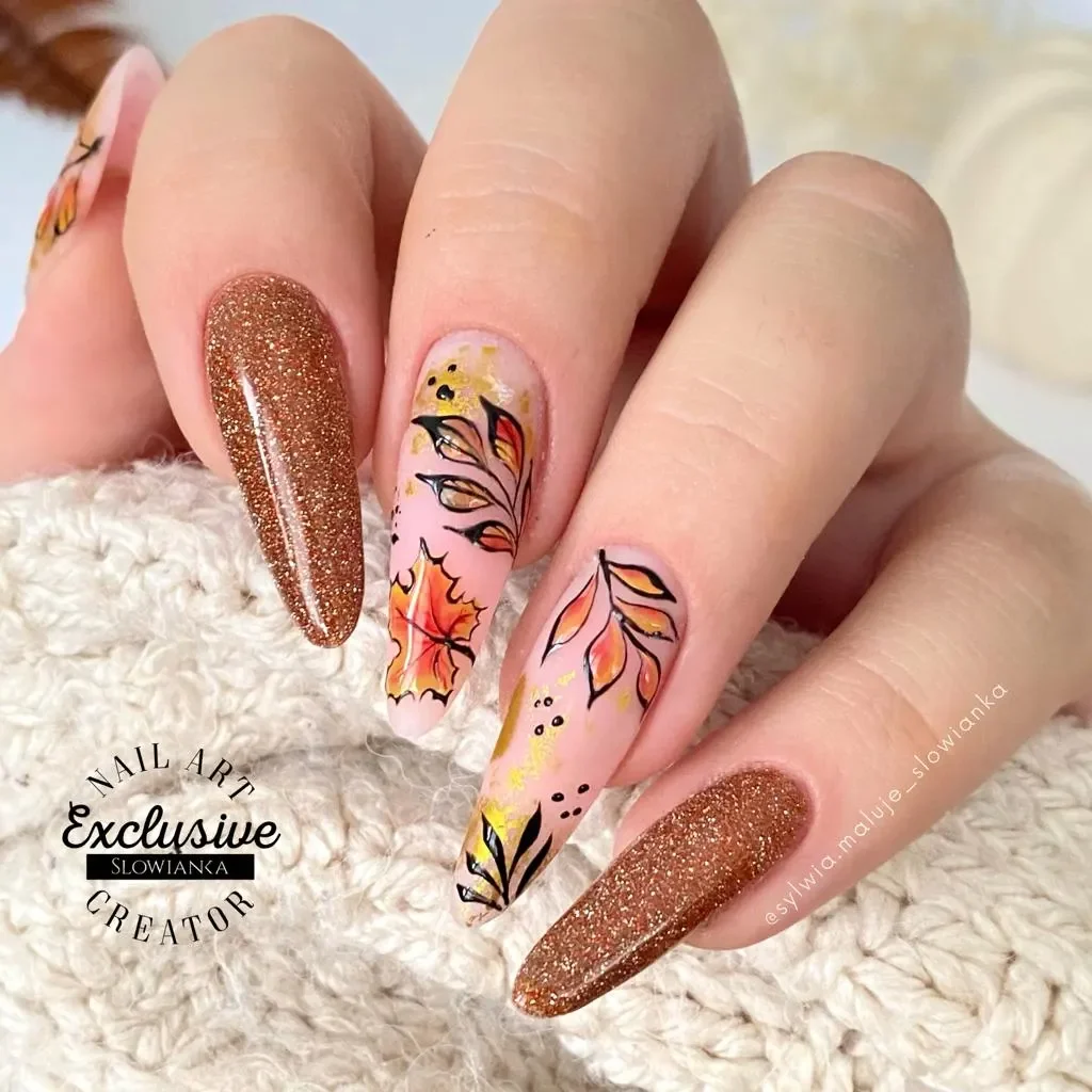 fall nails for pale skin 2026 Glittering Copper Leaves For A Cozy Autumn Mood