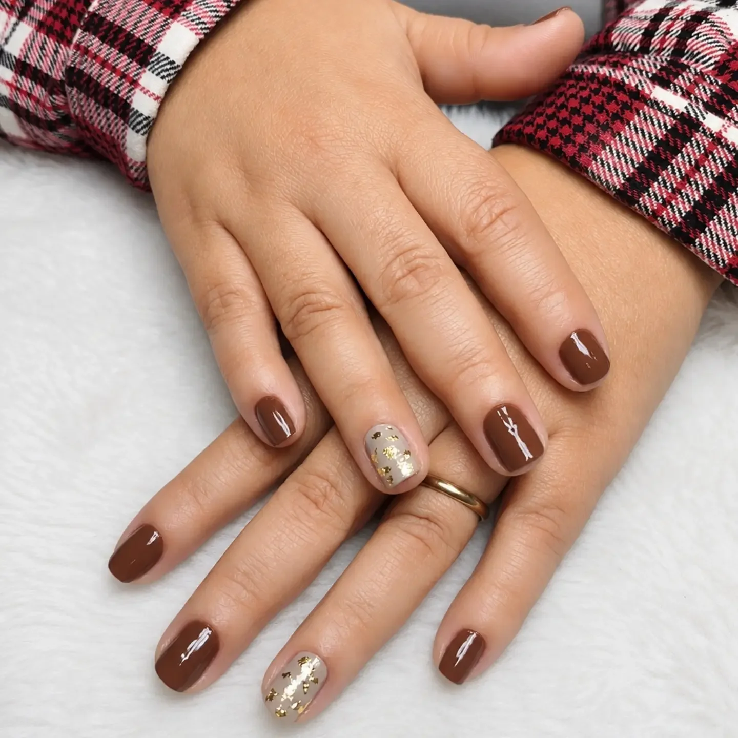 fall nails with accent nail Chocolate Brown Nails With Gold Leaf Accents