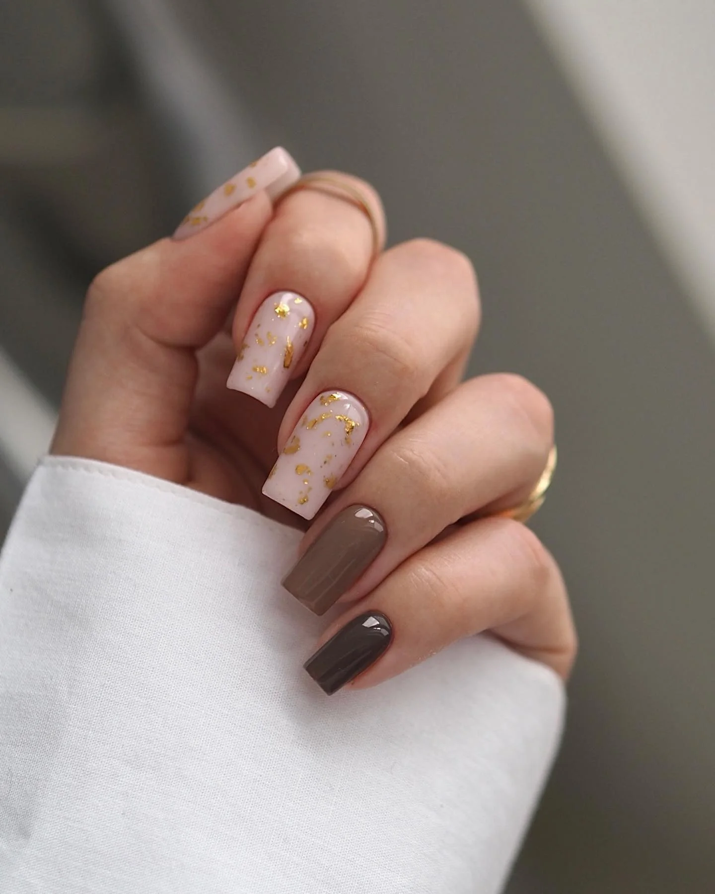 fall nails with autumn designs Blush Nude With Scattered Gold Foil