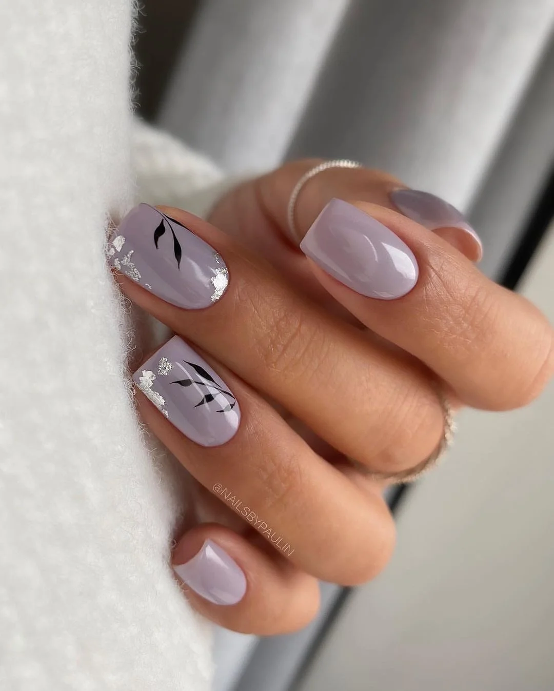fall square nails 2026 Soft Lavender With Delicate Silver Botanical Details