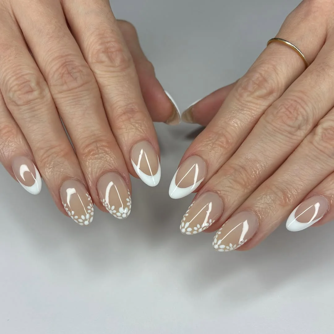 fall wedding nails 2026 Modern Almond French With Lace-Inspired Borders