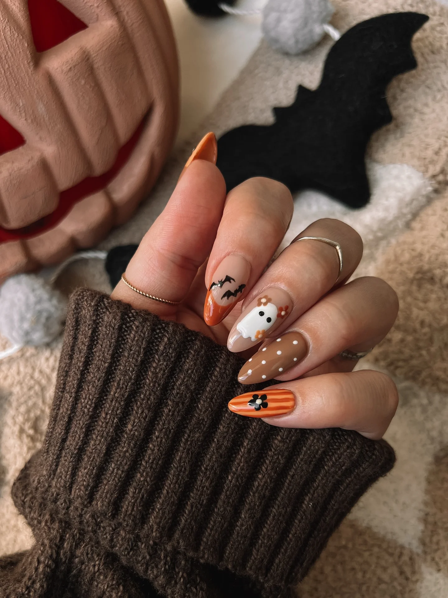 halloween nail art 2026 Cozy Pumpkin Ghost Nails With Tiny Bat Accents