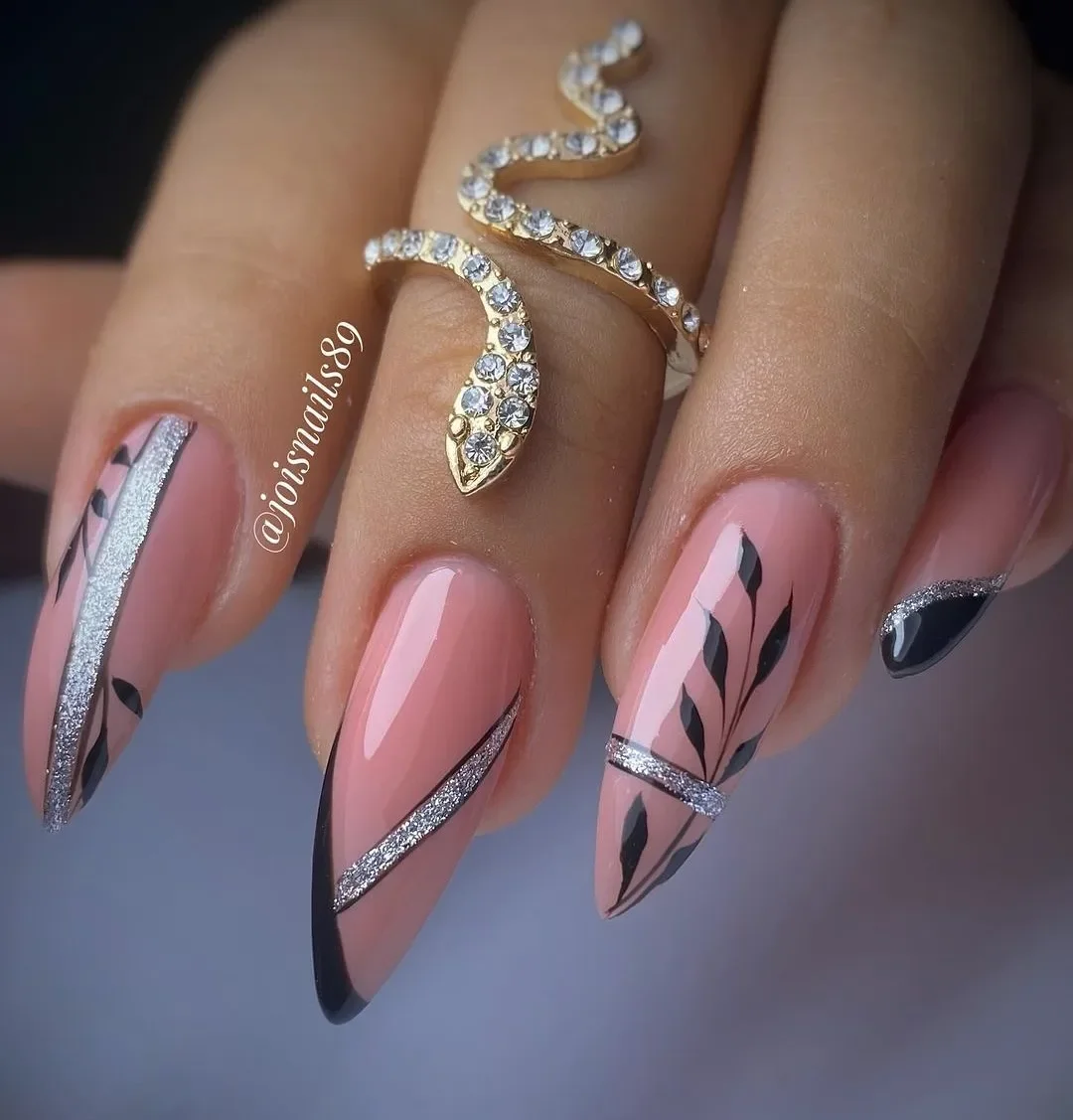 nude fall nails 2026 Blush Almond With Silver Leaf And Graphic Accents