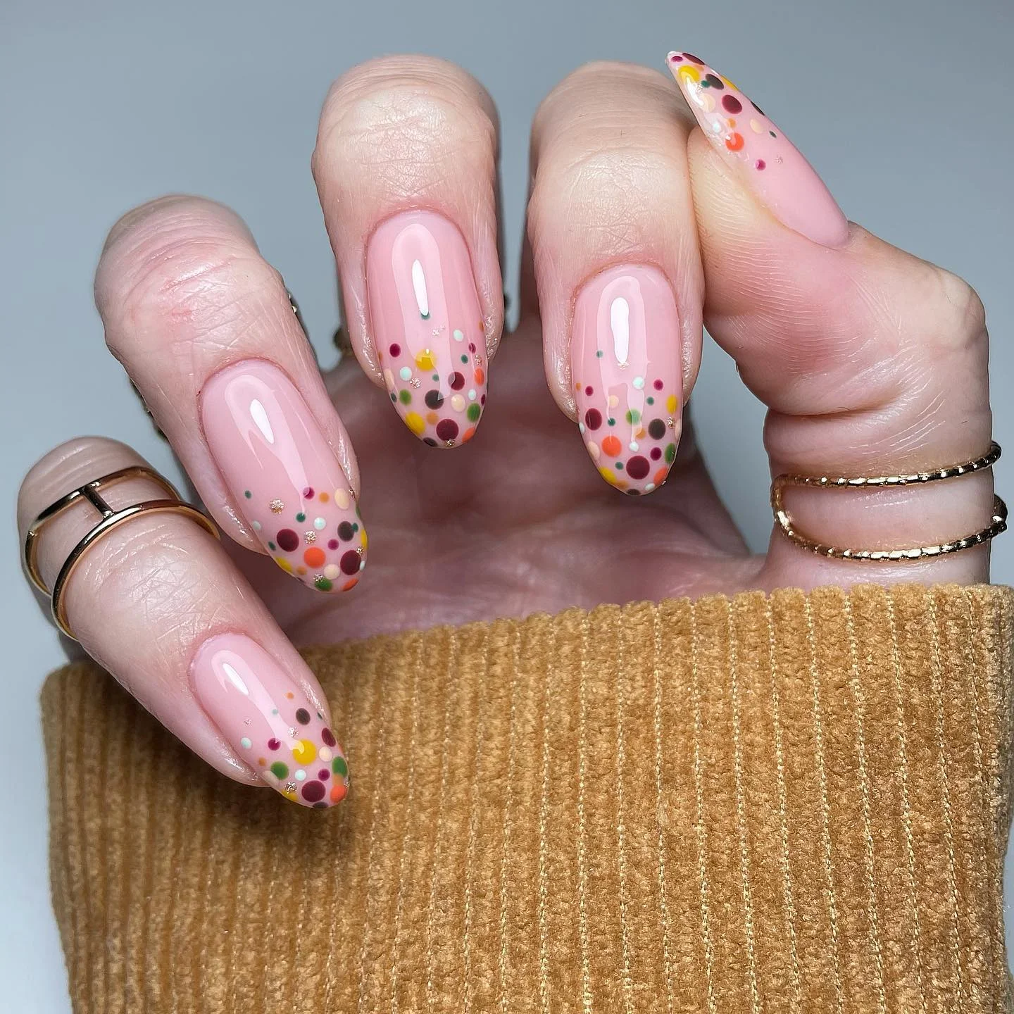 polka dot fall nails 2026 Blush Pink With Colorful Autumn Confetti Dots