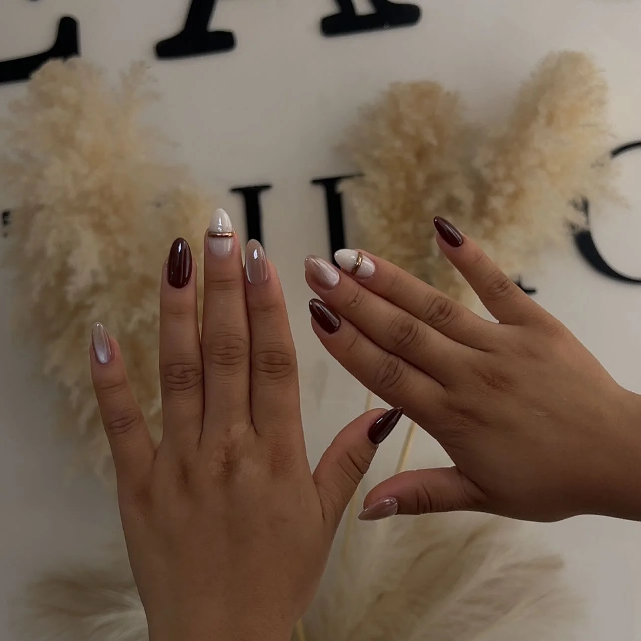 simple fall short nails Mocha And Milky White With Minimal Gold Details