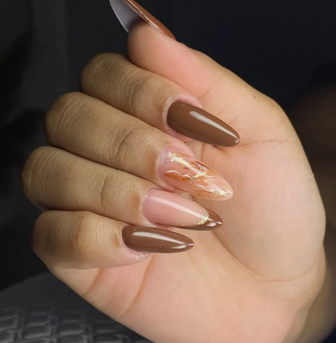 brown fall nails 2026 Chocolate French Tips With Marble Gold Accent