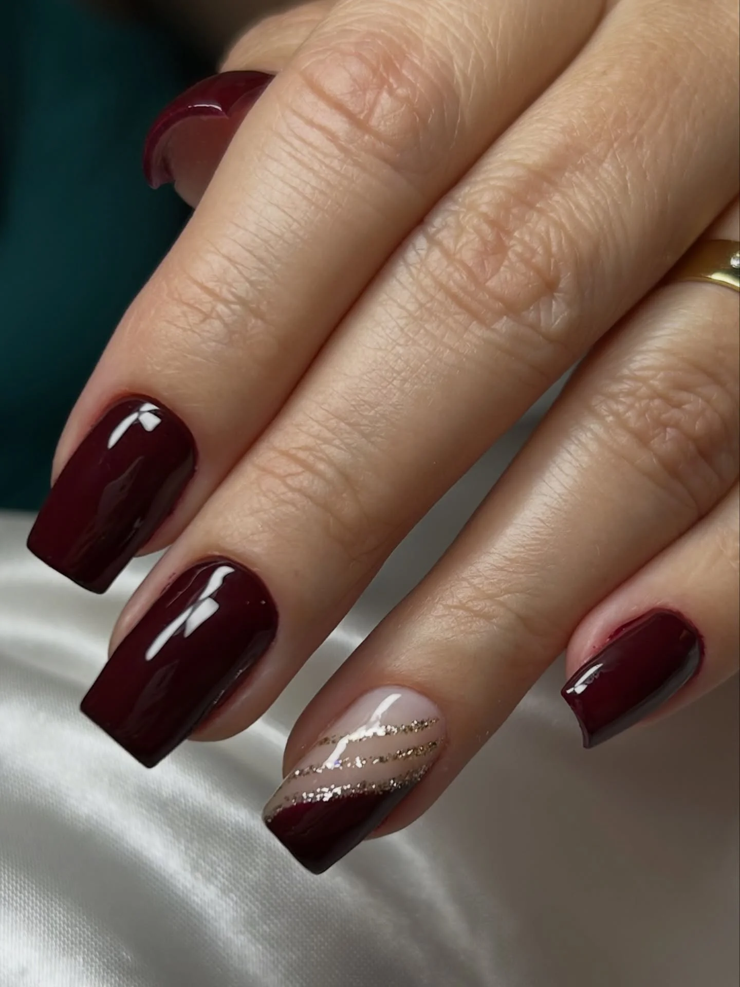 fall burgundy nails with design Dark Burgundy Nails With Subtle Silver Glitter Accents