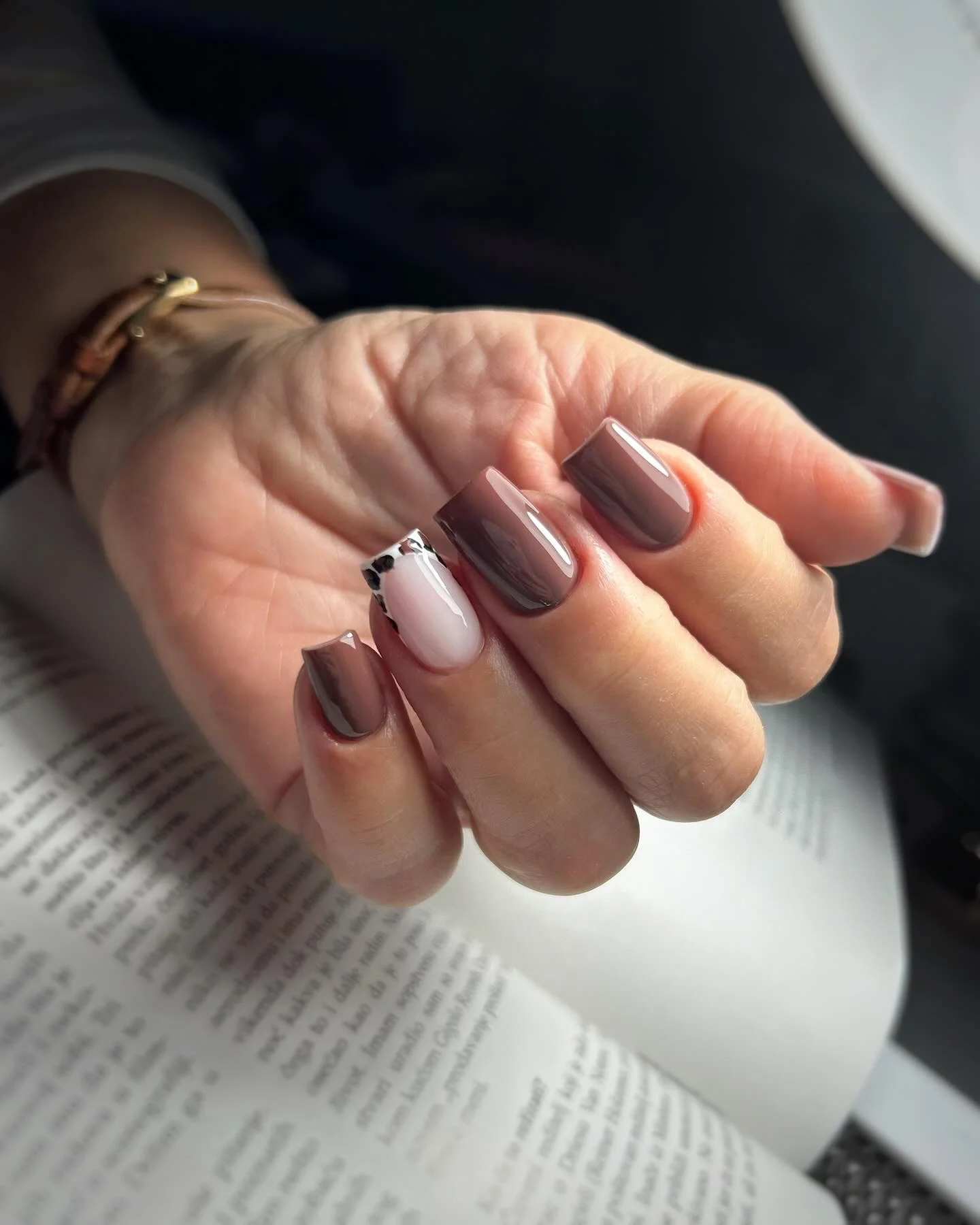 fall nail designs for office 2026 Muted Cocoa Square Nails With Modern Accent Detail