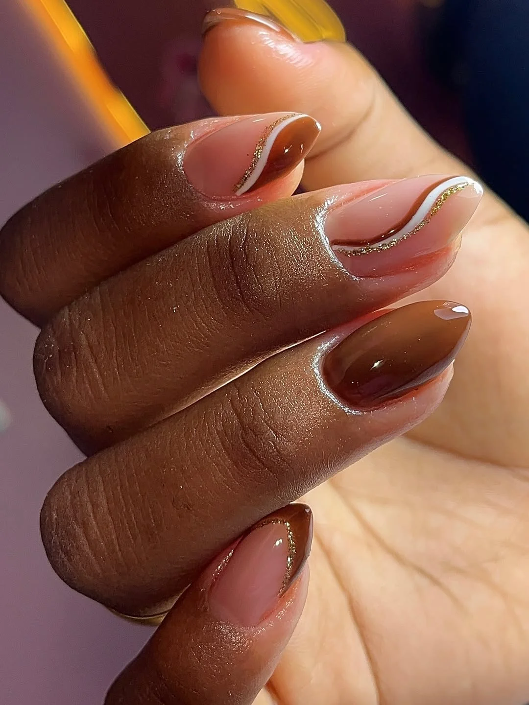 fall nails for dark skin 2026 Mocha Swirl French Nails With Golden Waves