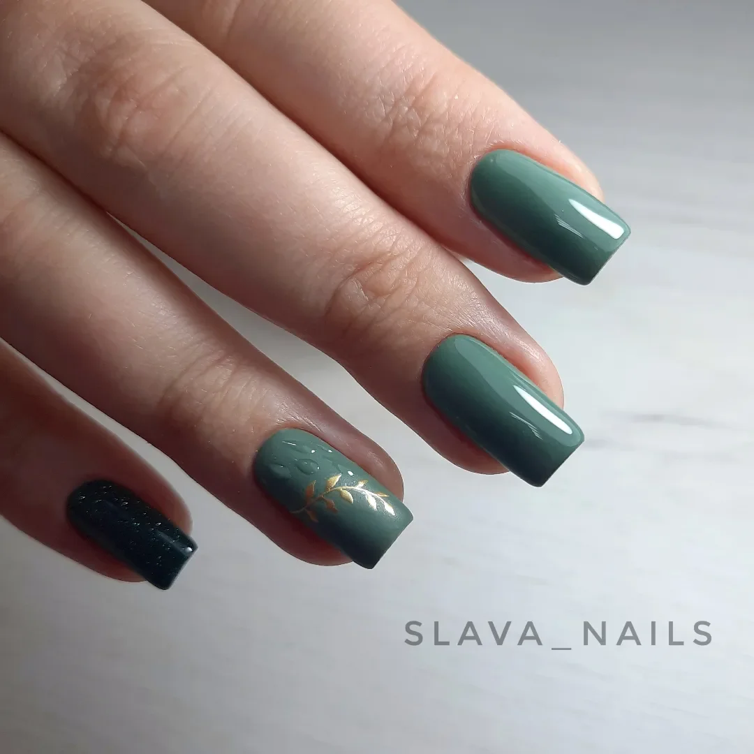 fall nails for fair skin tones 2026 Forest Green With Subtle Gold Botanical Detail