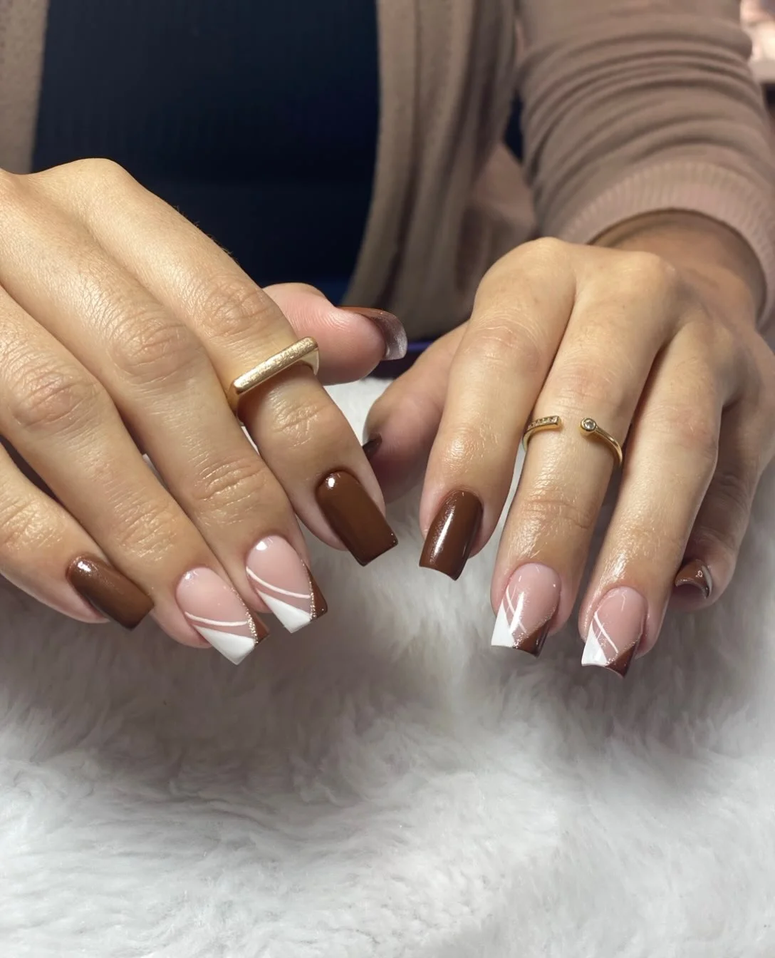 fall nails for tan skin tone Chocolate Brown And White Geometric French Nails