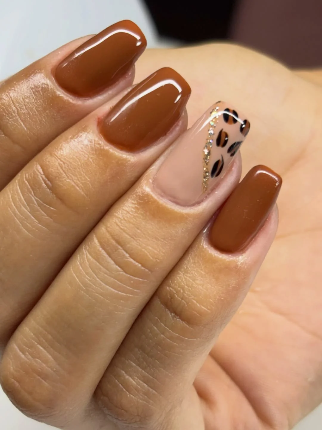 fall nails with accent nail Caramel Brown Nails With A Chic Leopard Accent