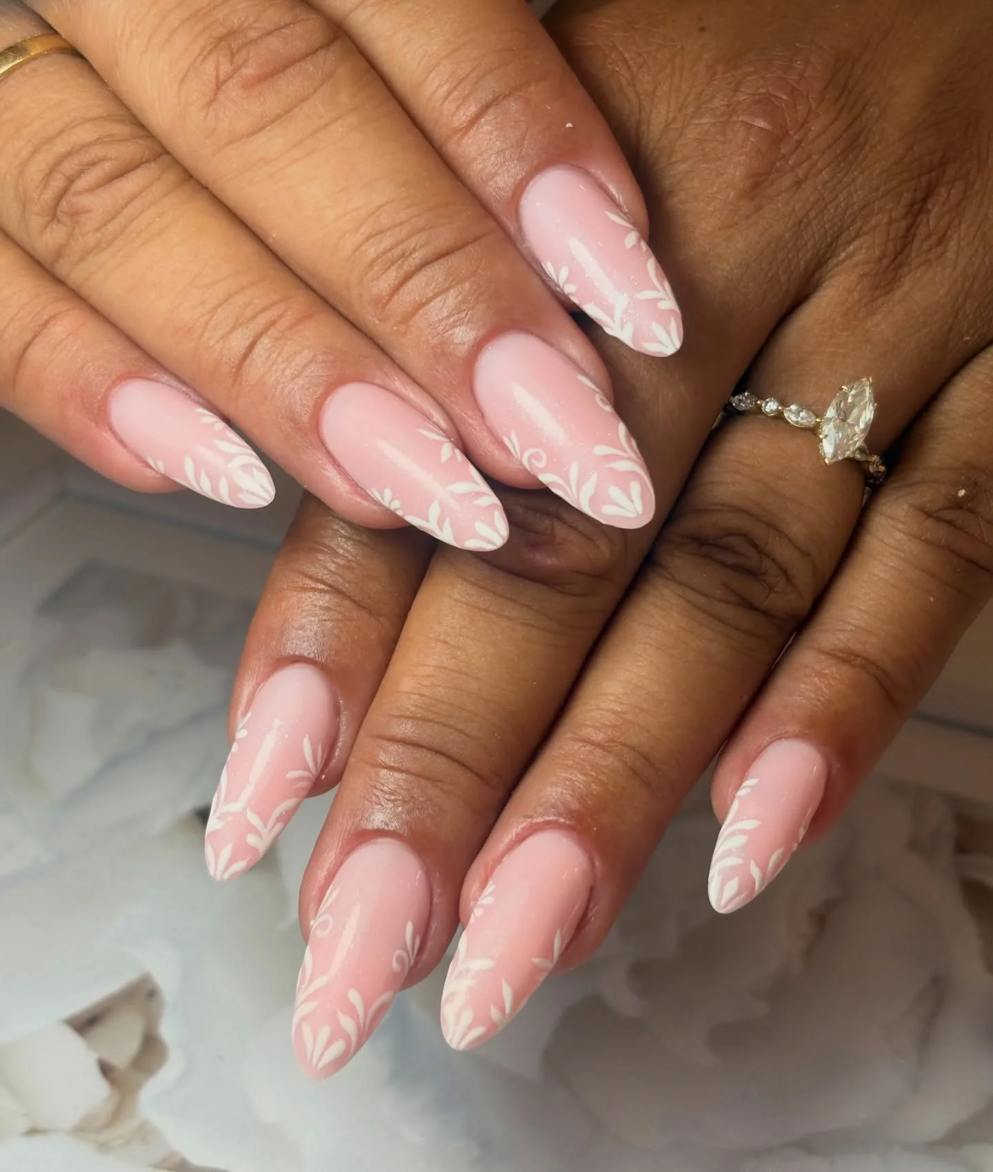 fall wedding nails 2026 Soft Pink Botanical Almond Nails For Romantic Ceremonies