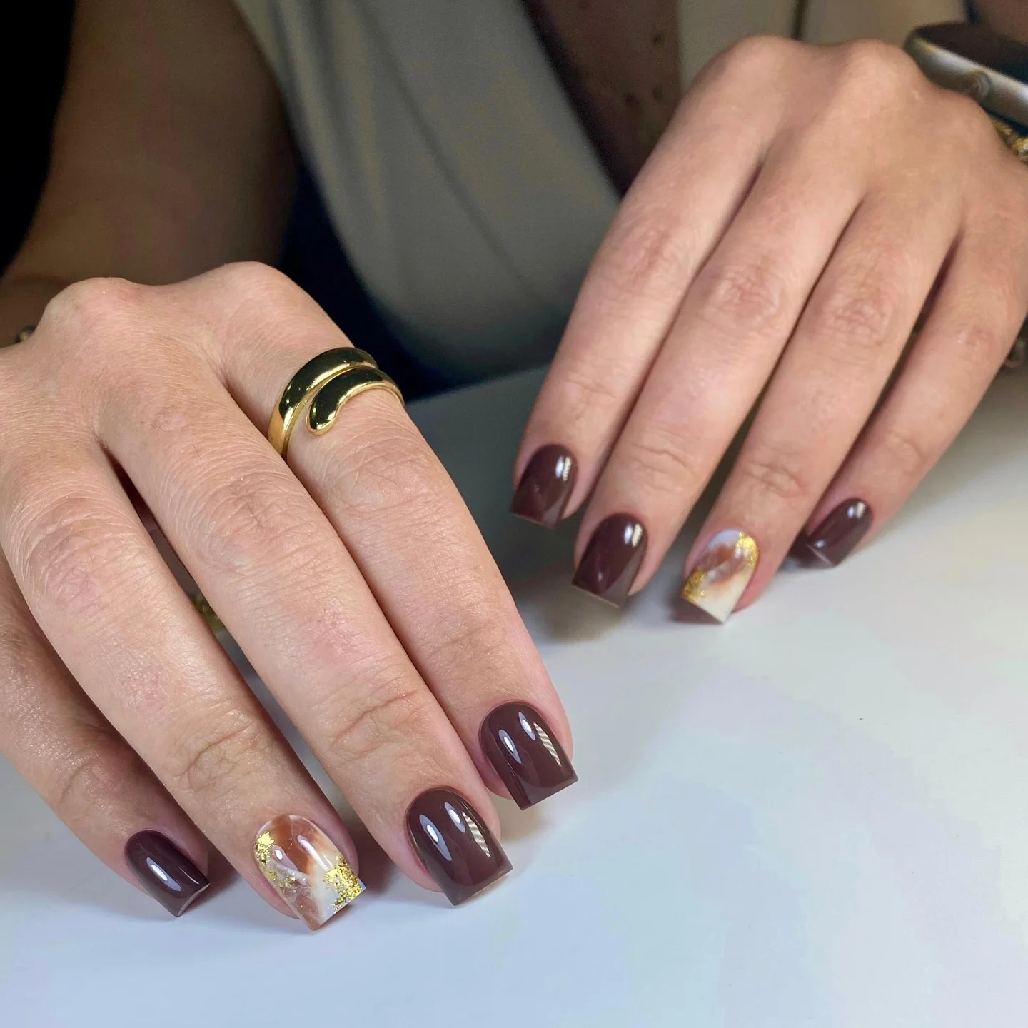 simple fall short nails Deep Cocoa Square Nails With Amber And Gold Accent