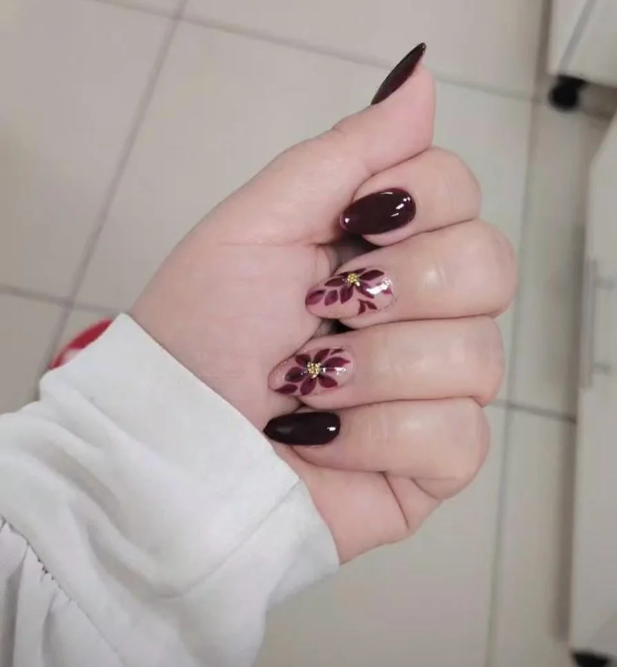 dark fall nails 2026 Moody Burgundy Floral Accent Nails