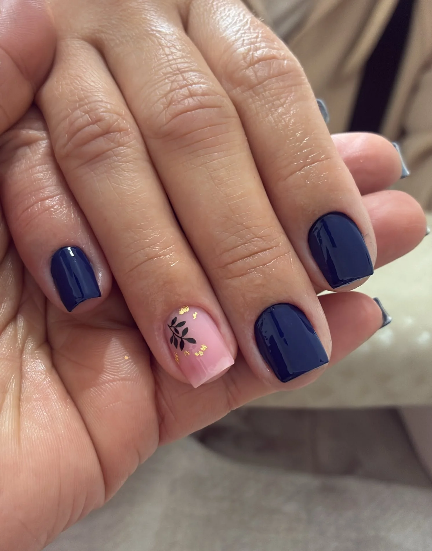 fall accent nail designs 2026 Midnight Navy With A Delicate Botanical Gold Accent