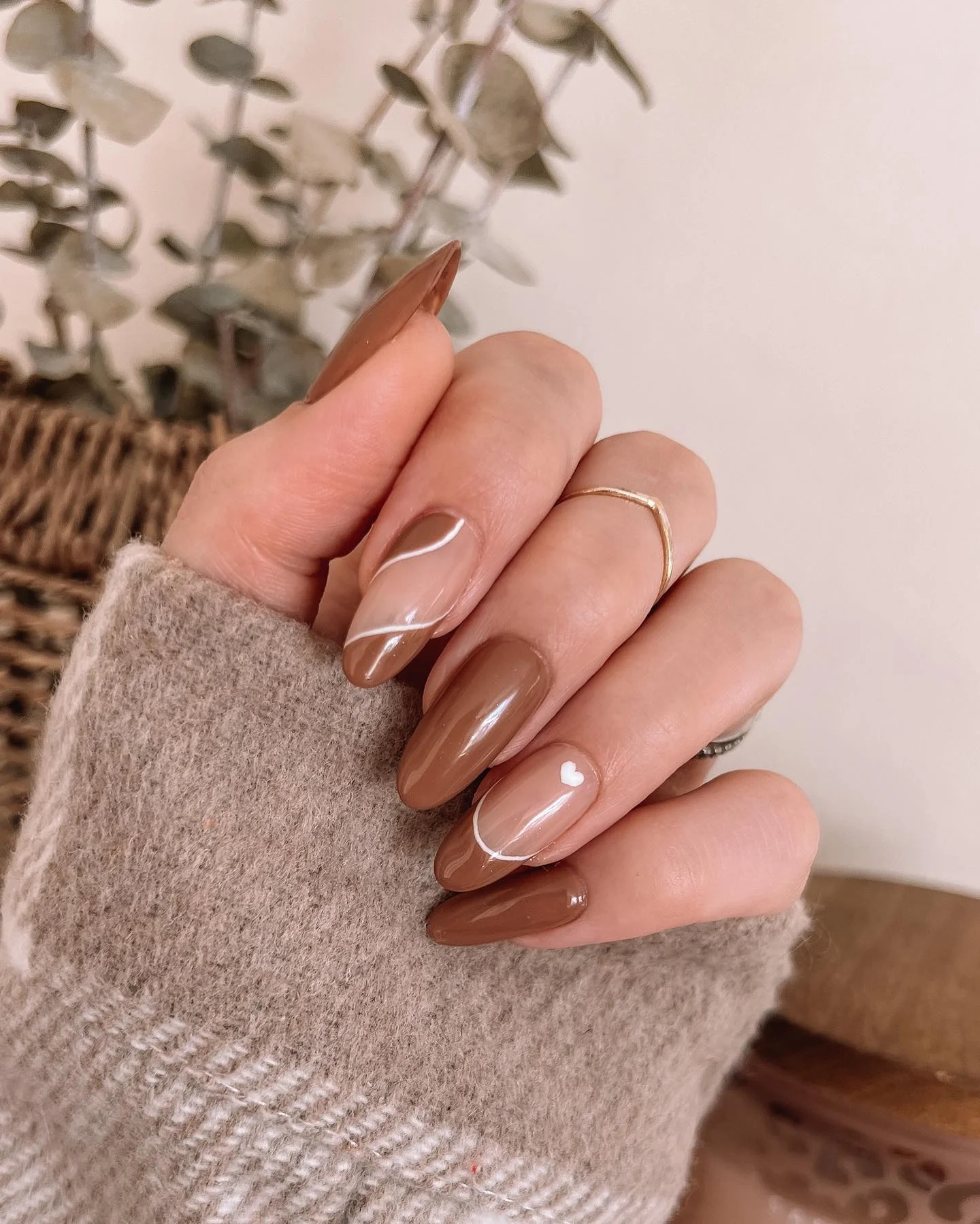 fall nail designs for office 2026 Caramel Almond Nails With Soft White Minimalist Lines