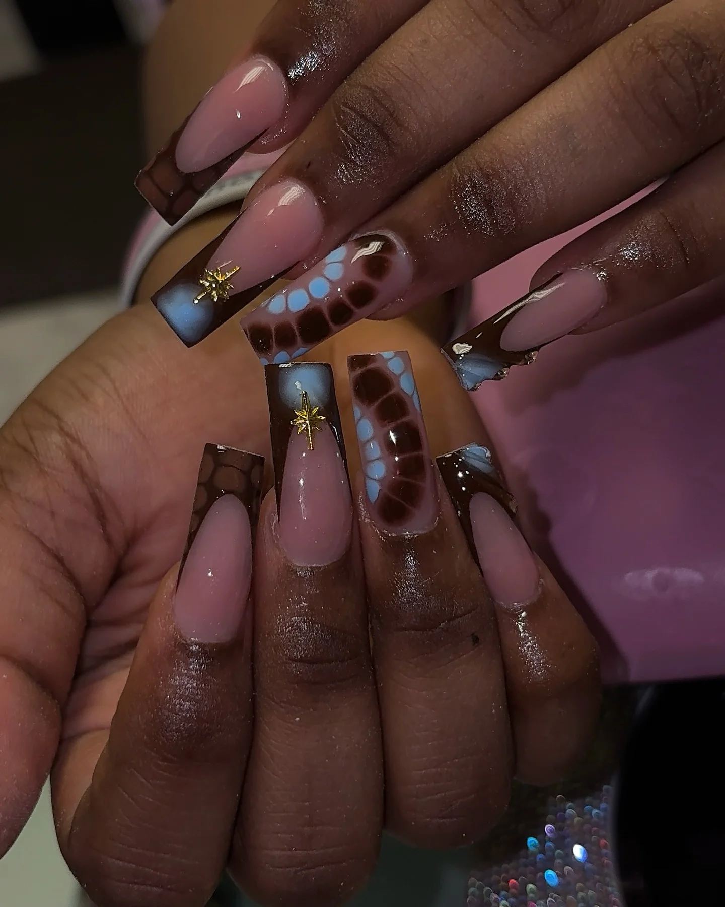 fall nails for dark skin 2026 Abstract Cocoa And Blue Statement Nails