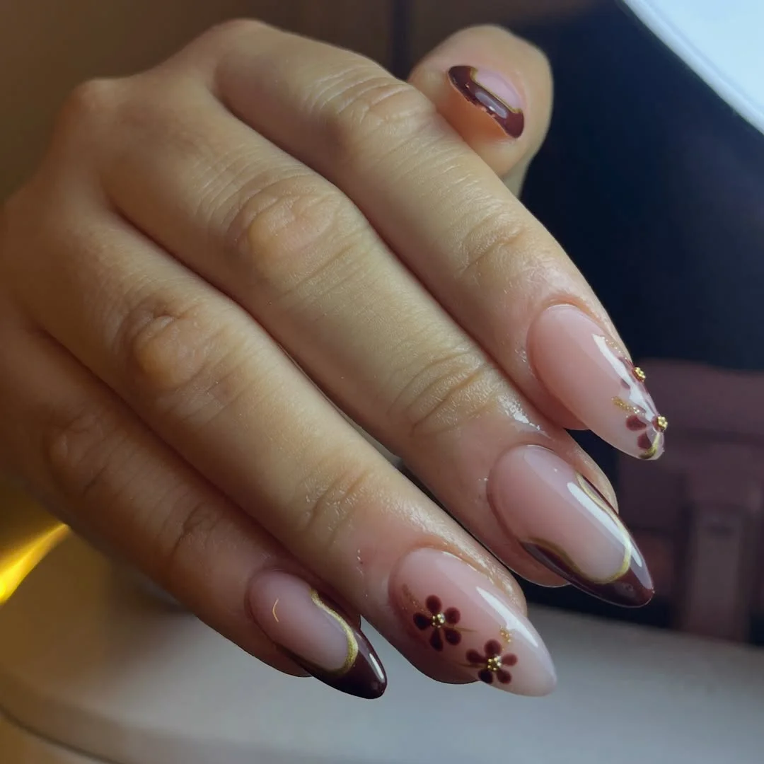 fall nails for fair skin tones Sheer Blush With Burgundy Floral French Tips