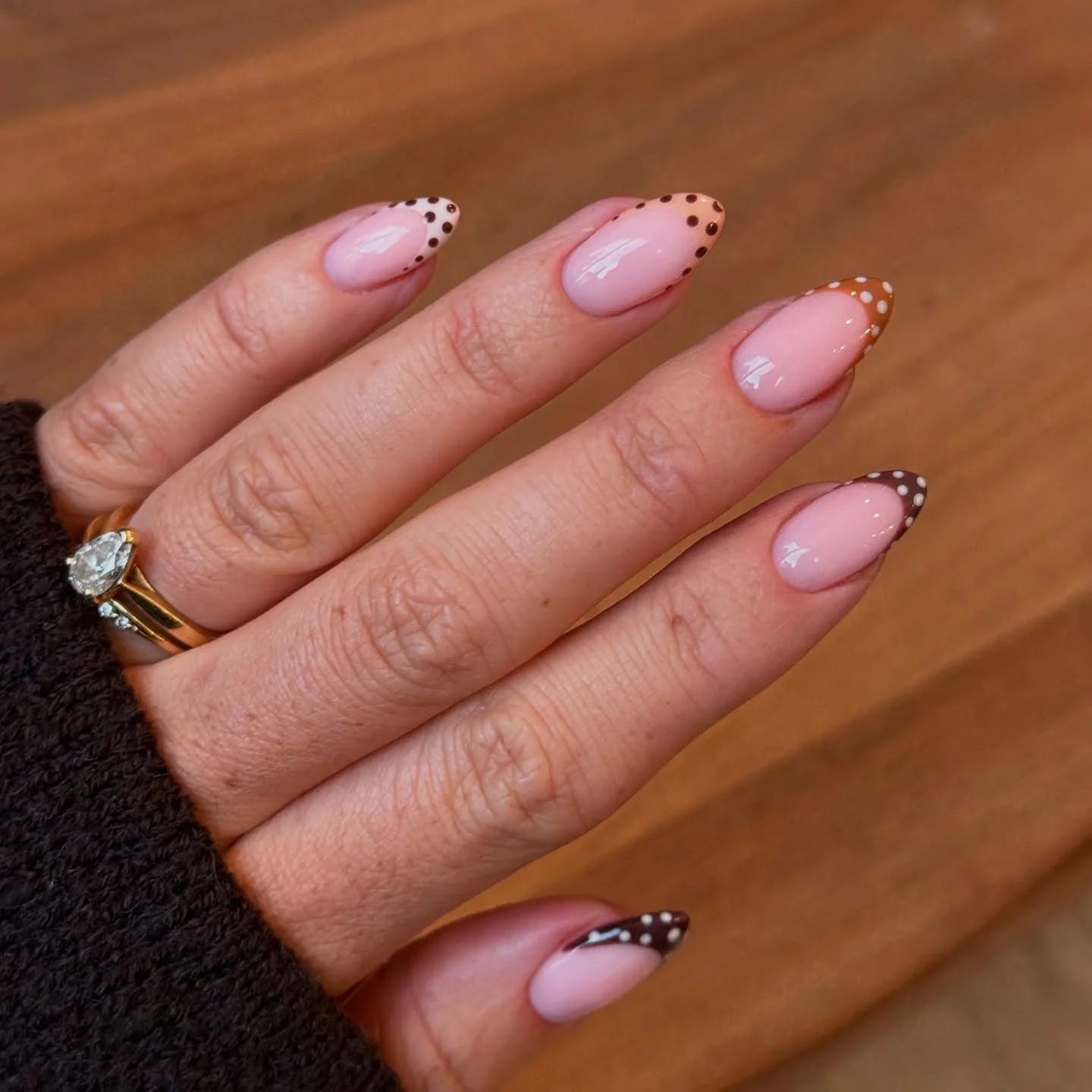 fall short almond nails 2026 Chocolate Micro Dot French Almond Nails