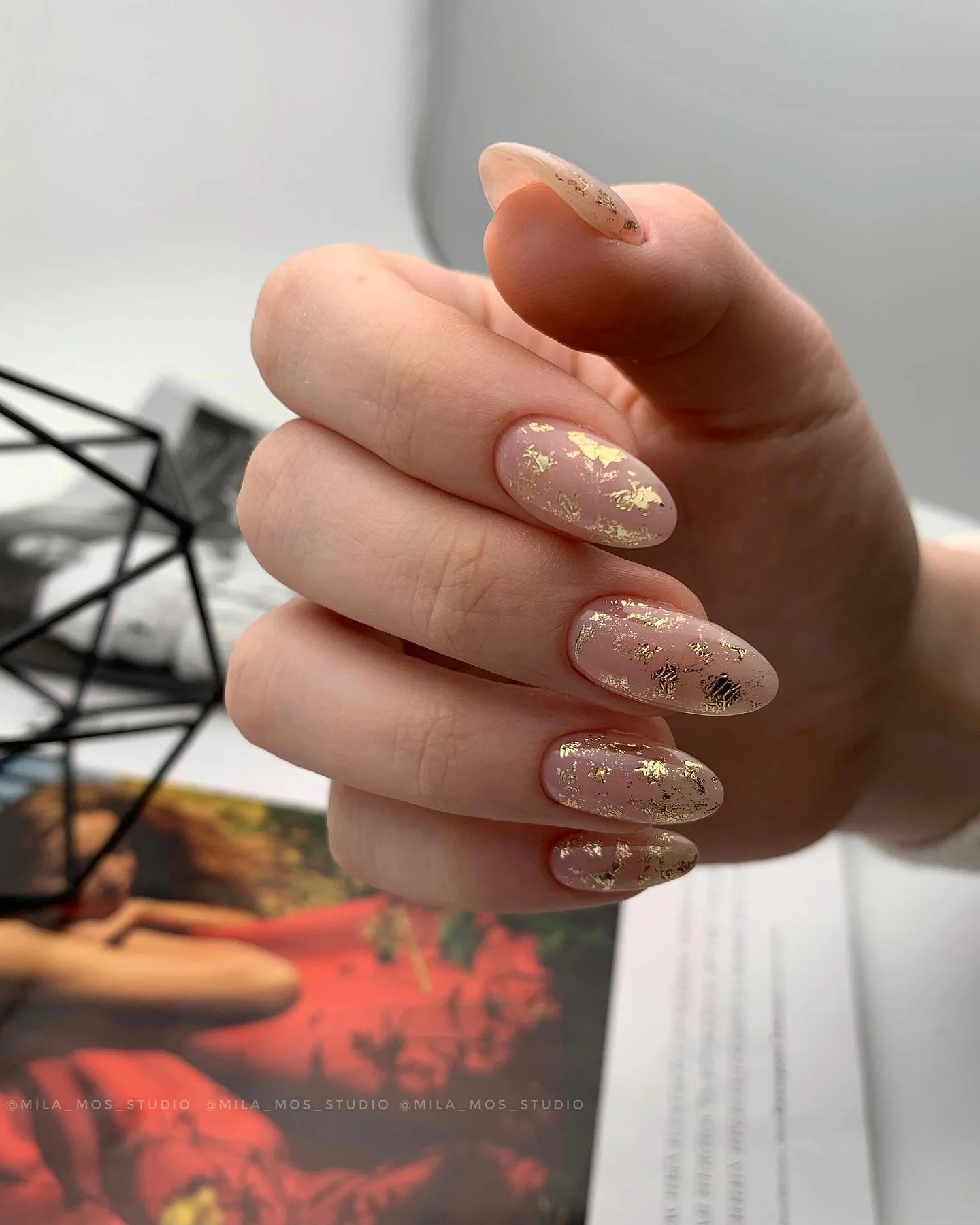 nude fall nails 2026 Sheer Nude Almond With Foil Gold Flecks
