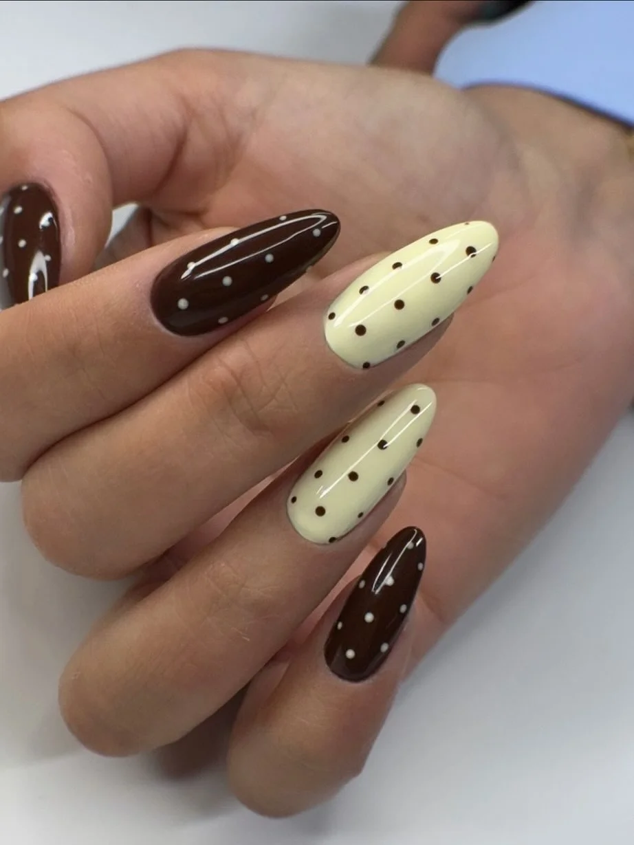polka dot fall nails 2026 Chocolate And Buttercream Almond Polka Dots