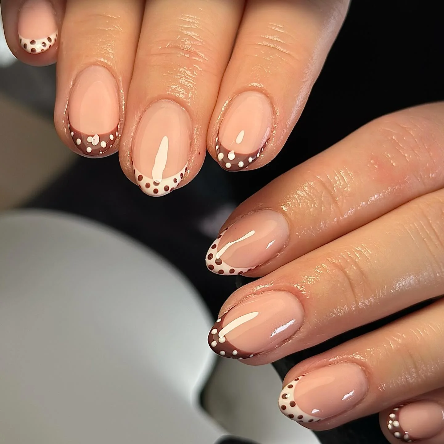 simple fall short nails Sheer Nude With Chocolate And Cream Dotted French Tips