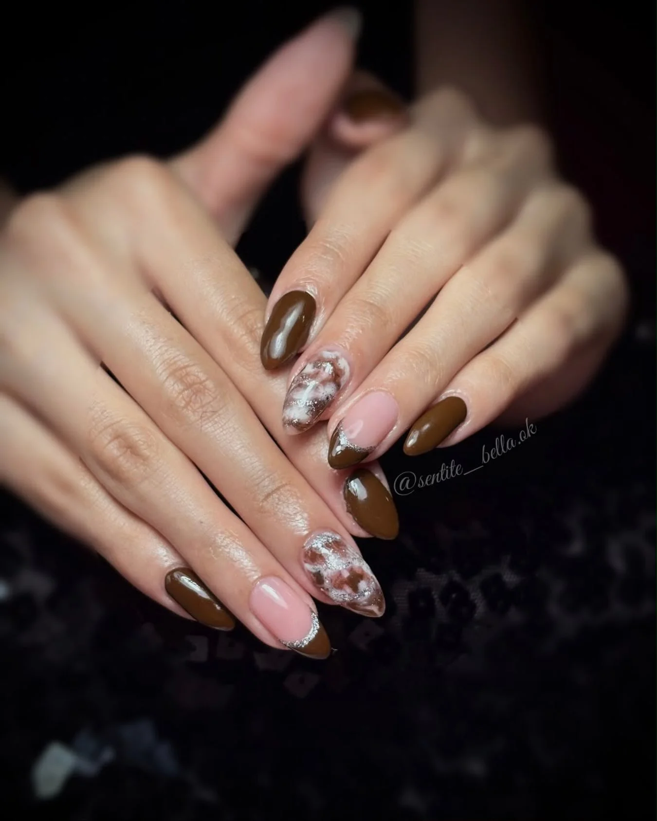 dark fall nails 2026 Olive Mocha Marble Almond Elegance