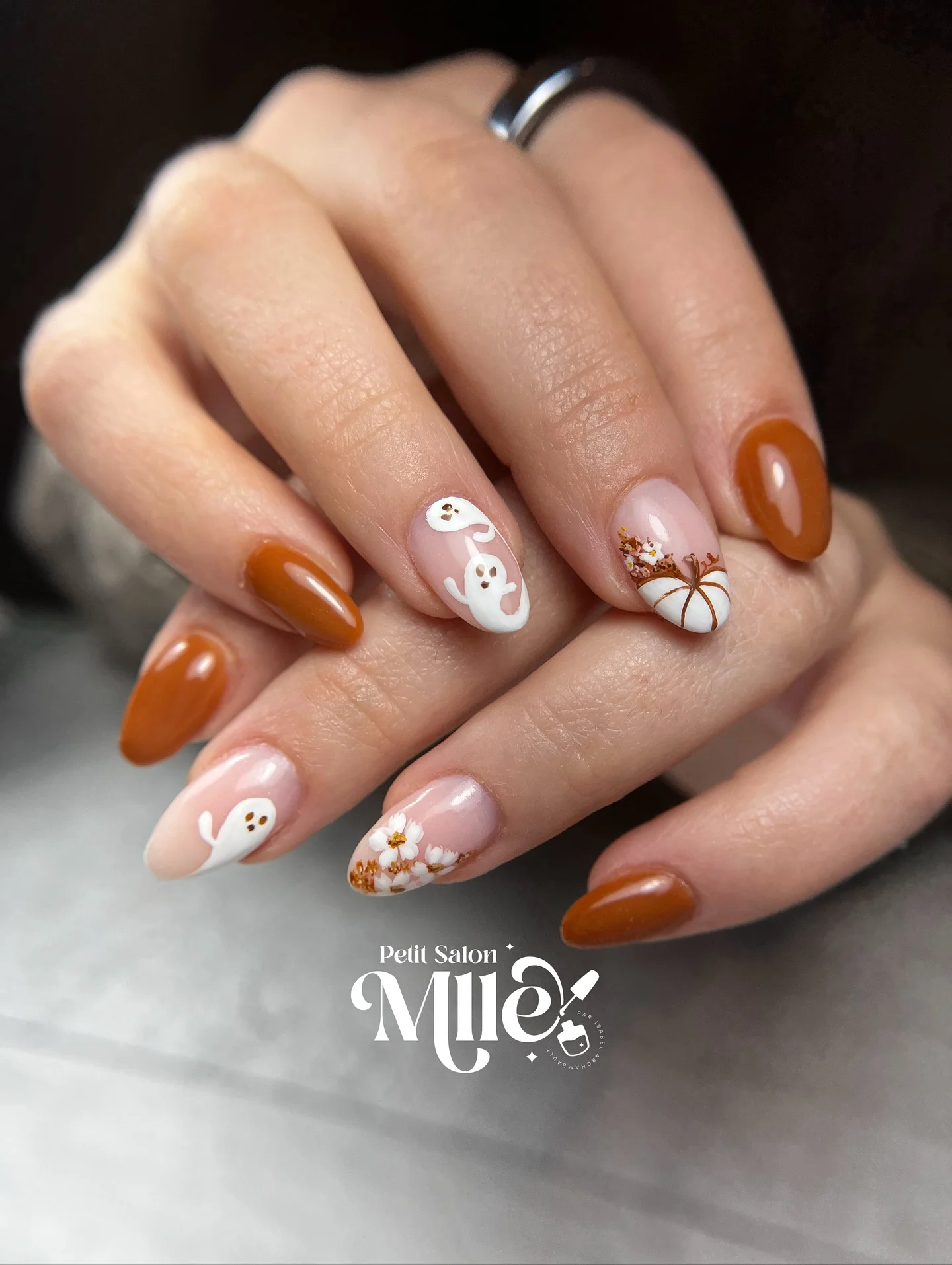 fall mid length nails 2026 Playful Pumpkin And Ghost Autumn Nail Art