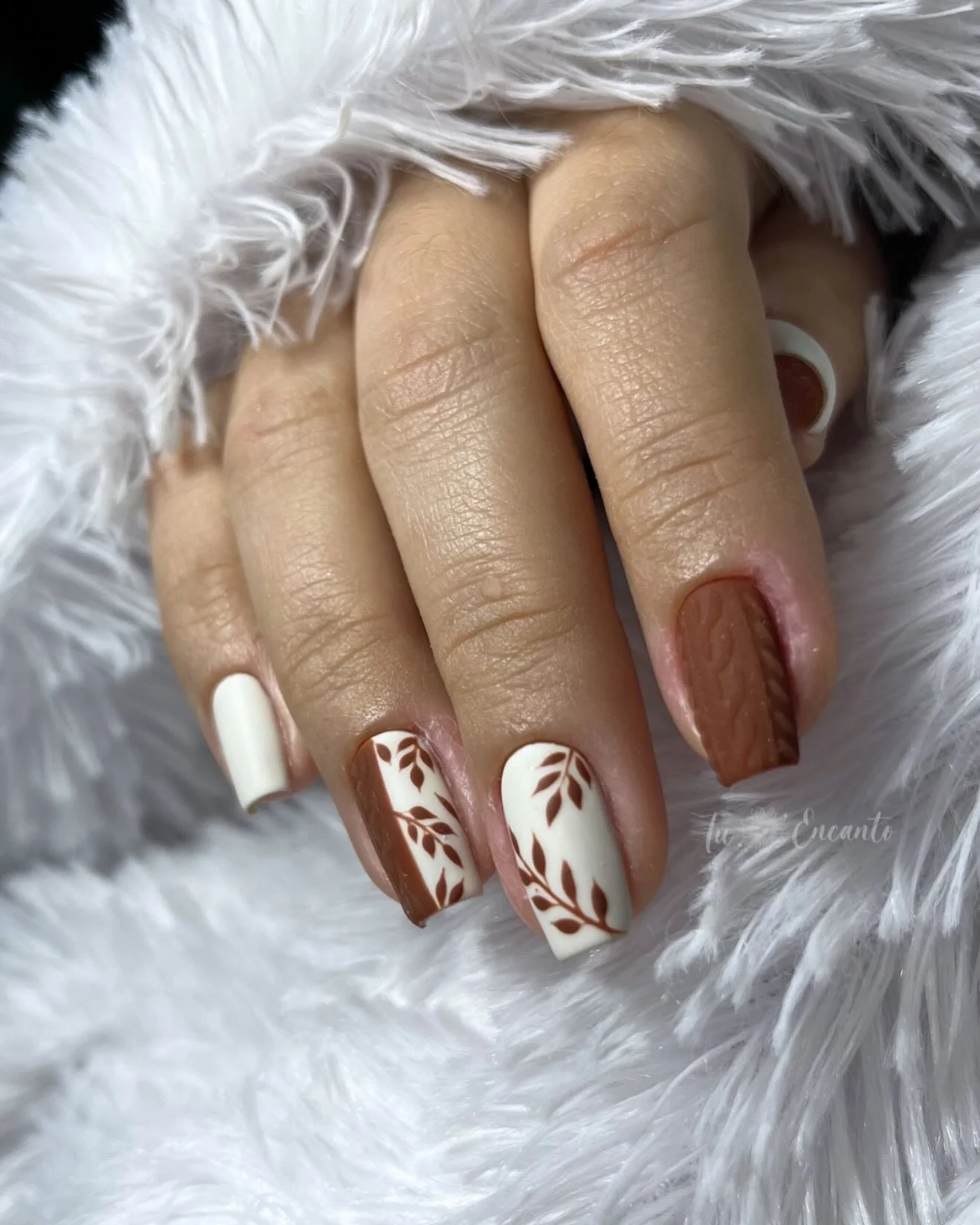fall nail designs square shape 2026 Cream And Cinnamon Botanical Sweater Nails
