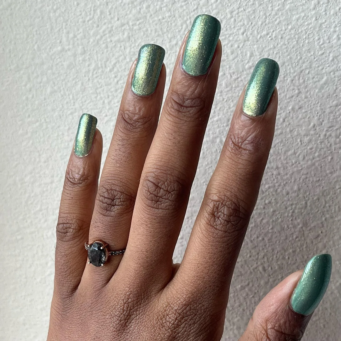 fall nails colors for dark skin Glowing Sage Green With Metallic Depth