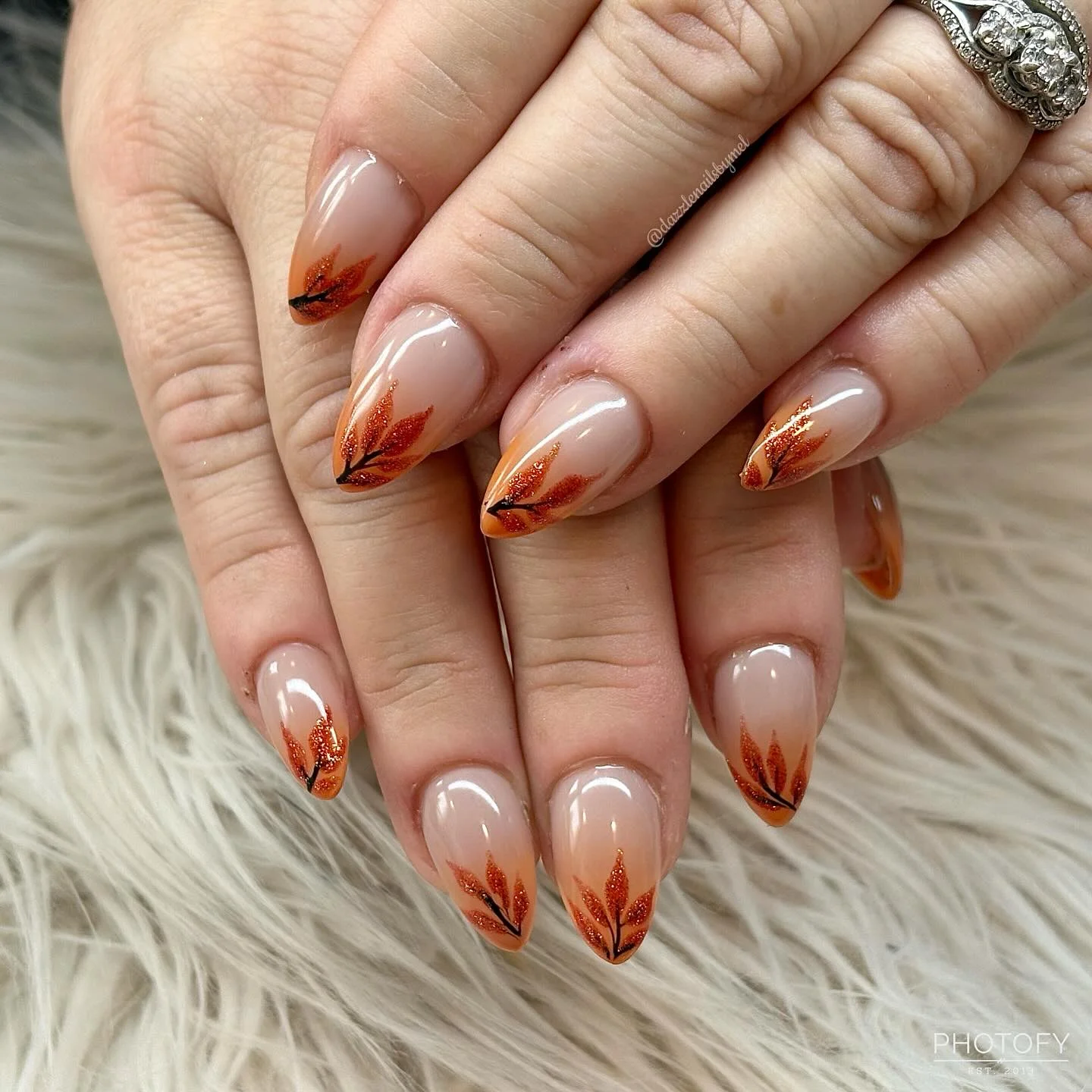 fall nails for pale skin 2026 Sheer Nude Nails With Tiny Copper Leaf Tips