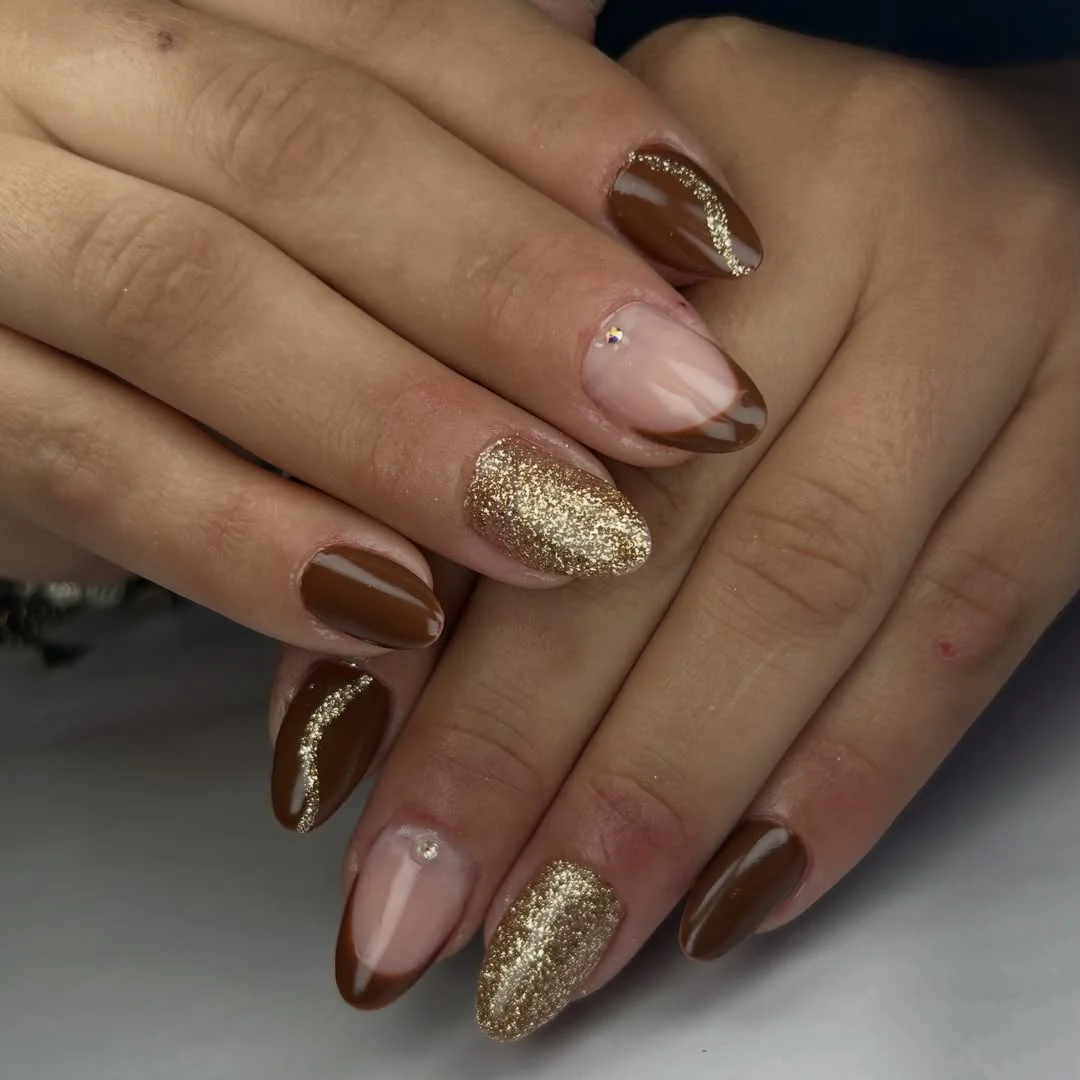 fall nails for tan skin tone Espresso Brown And Champagne Glitter Almond Nails