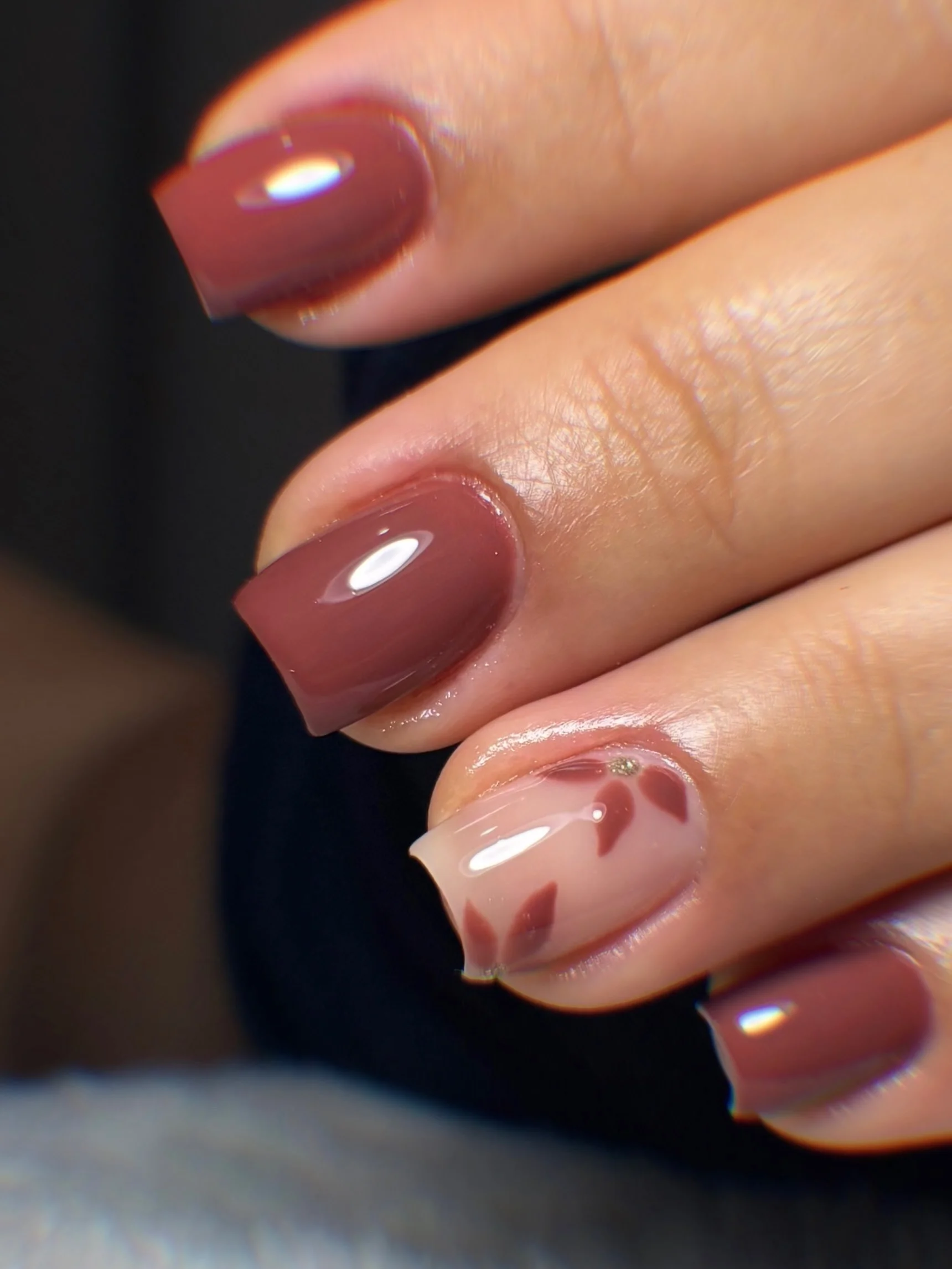 fall nails with accent nail Muted Burgundy Nails With A Delicate Leaf Accent