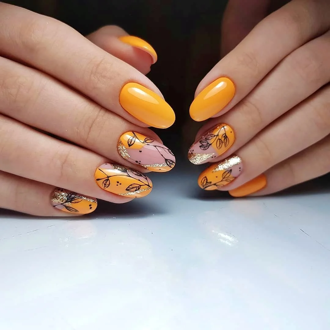 fall nails with autumn designs Vibrant Orange With Botanical Fall Art